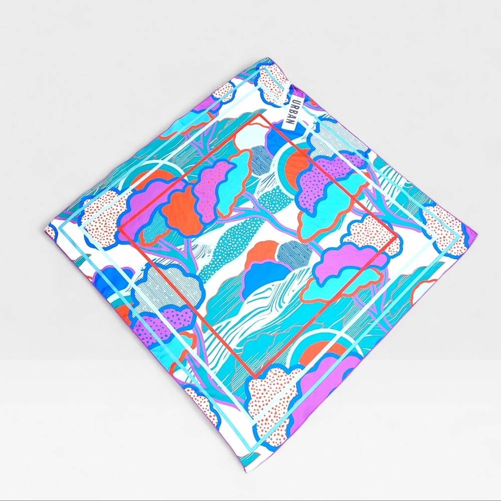 NWT URBAN OUTFITTERS Colorful Abstract Trees Large Square SATIN SCARF New - Picture 2 of 7